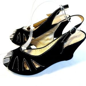 Progetto Glam Black Suede Women's Wedge Sandals SZ 8.5